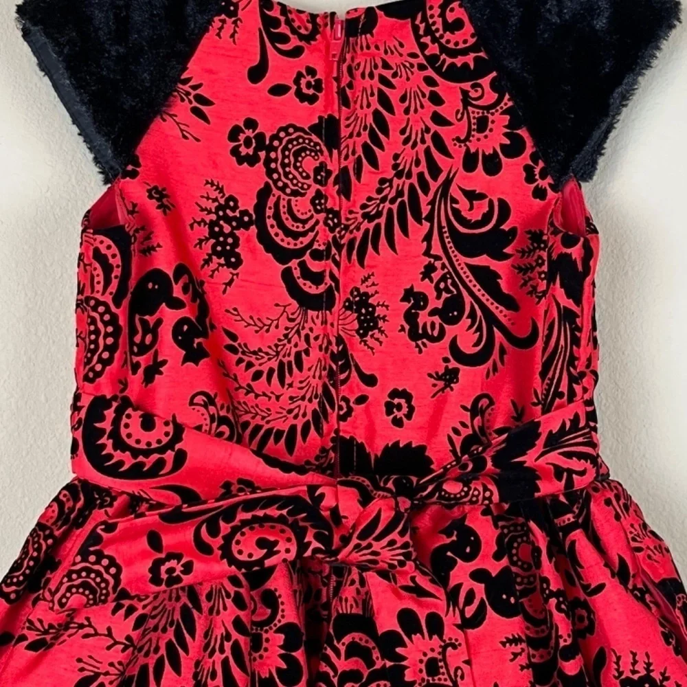 Wonder Nation Red/Black Youth Floral Christmas Dress Fur Cap Sleeves; Size Y6